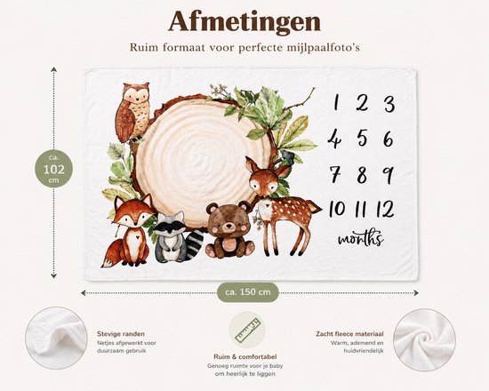 Baby Mijlpaal Deken 100x150 cm - Milestone Deken Baby met Blad Marker - Woodland Dieren - Fleece Fotodeken - Groei Deken 1 t/m 12 Maanden - Kraamcadeau — afbeelding 2