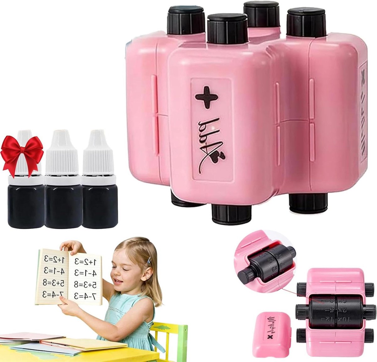 Wiskunde Roller Stempel - Oefen Tool - Rekenen Leren - 4-in-1 Instelbaar - 1 Stuk - Roze