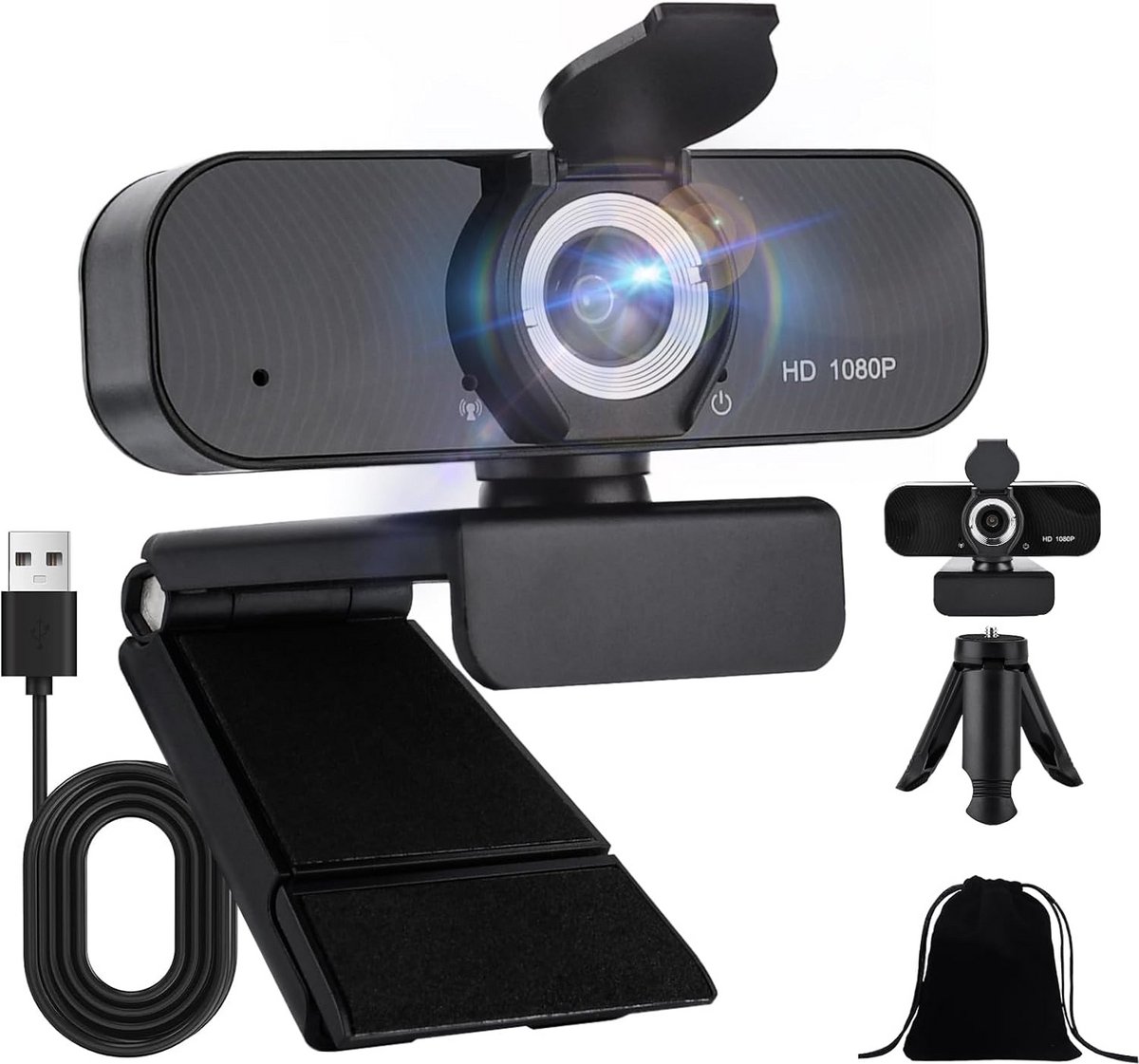Webcam met Microfoon - HD Camera - Videogesprekken - Full HD 1080p - 360 Graden - Zwart