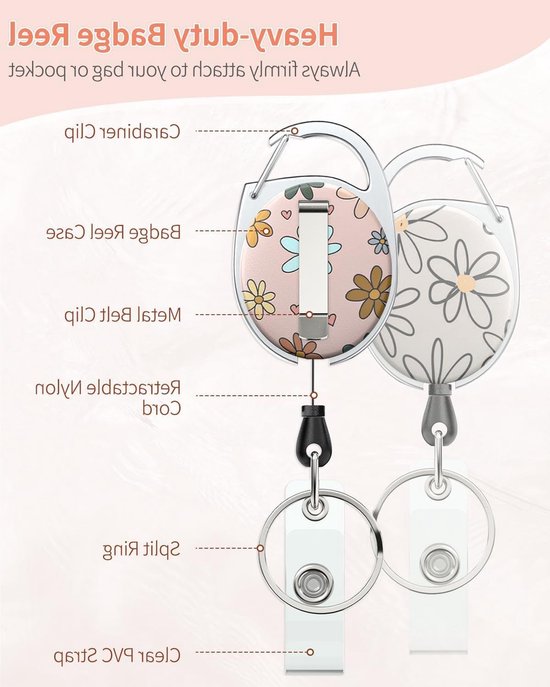 Set van 2 Bloemige Badgehouders met Retractable Reel en Carabiner voor ID, School en Werk — afbeelding 3