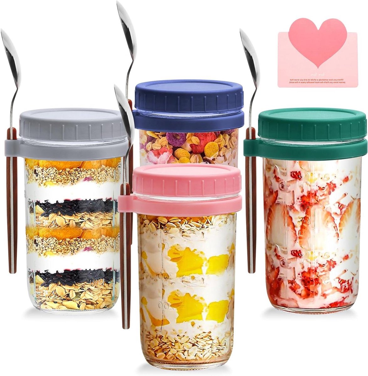 Glazen Potten - Ontbijt Potten - Meal Prep - Lekvrij Ontwerp - 600ML 4 Stuks - Transparant