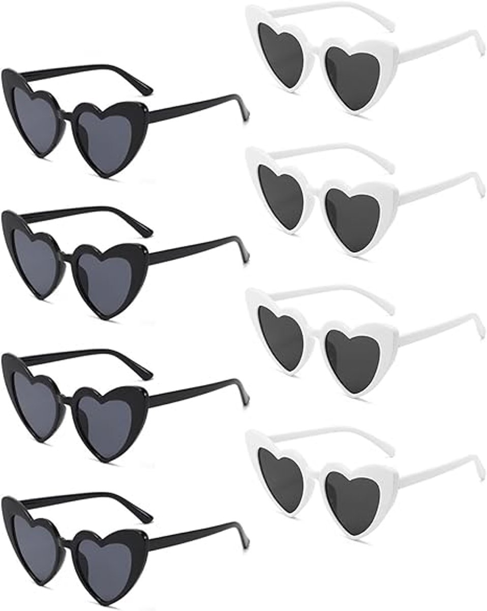 Set van 8 hartvormige zonnebrillen, vintage cat-eye brillen met hartvormig montuur, zonnebrillen voor vrijgezellenfeesten en bruiloften - zwart-wit