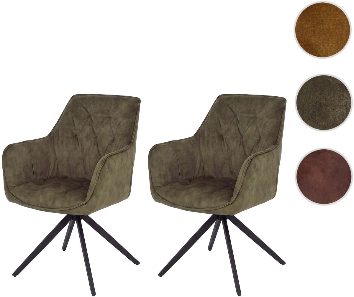 Set van 2 eetkamerstoelen MCW-L80, keukenstoel met draaibare armleuningen en automatische terugvering, fluweel 440 g/m² ~ suède-look, olijfgroen