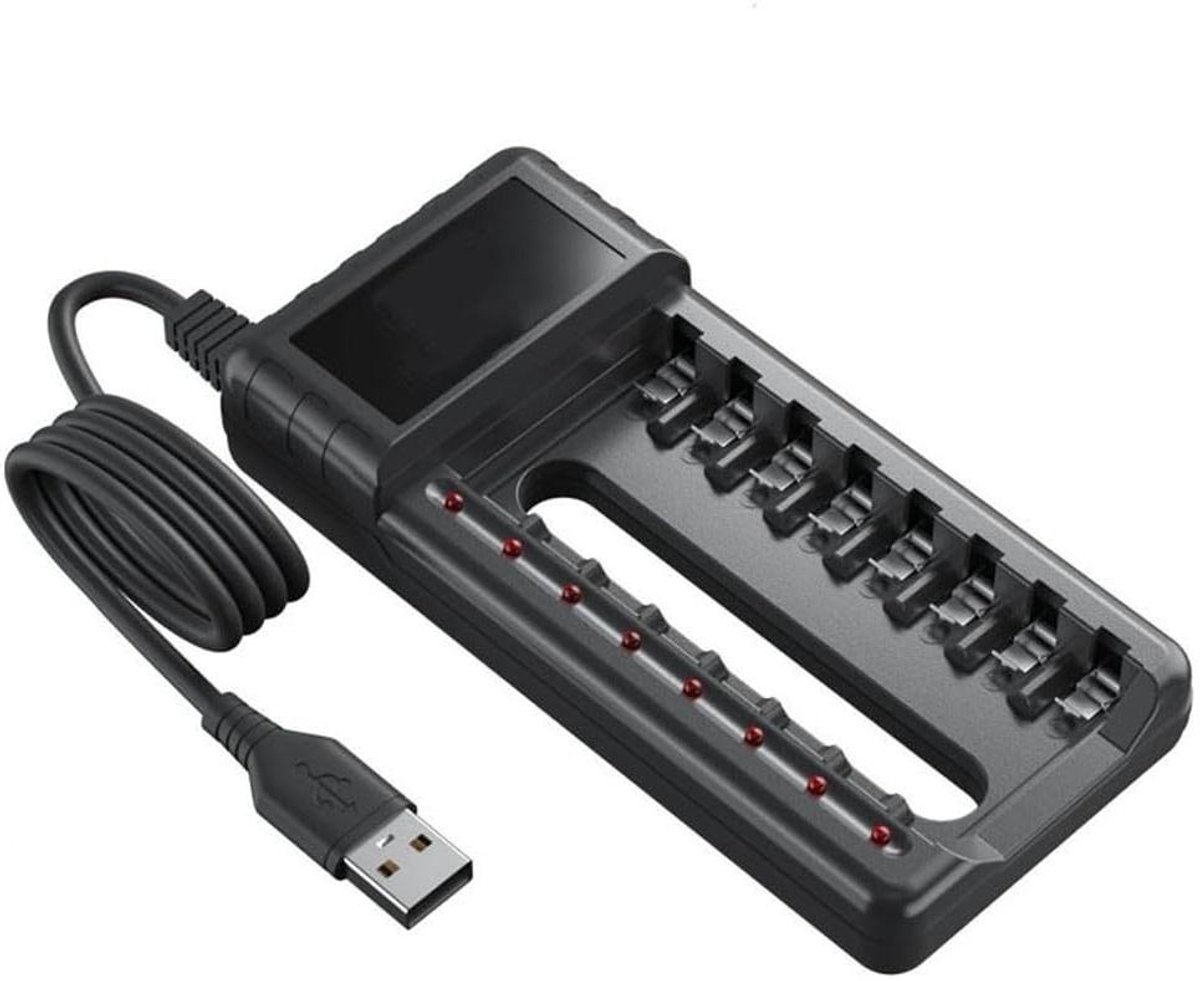 Batterijlader - Oplaadstation - Batterijen Laden - 8 Vakken Snel Opladen - DC 5V Ingang - Zwart
