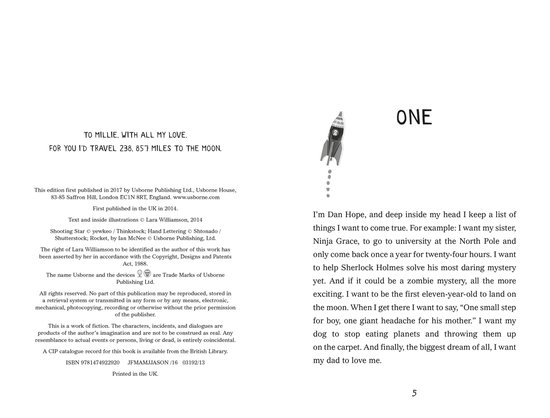 Titelpagina van het boek 'A Boy Called Hope' met een raket, sterren en tekst. Tekst: A BOY CALLED HOPE, LARA WILLIAMSON.