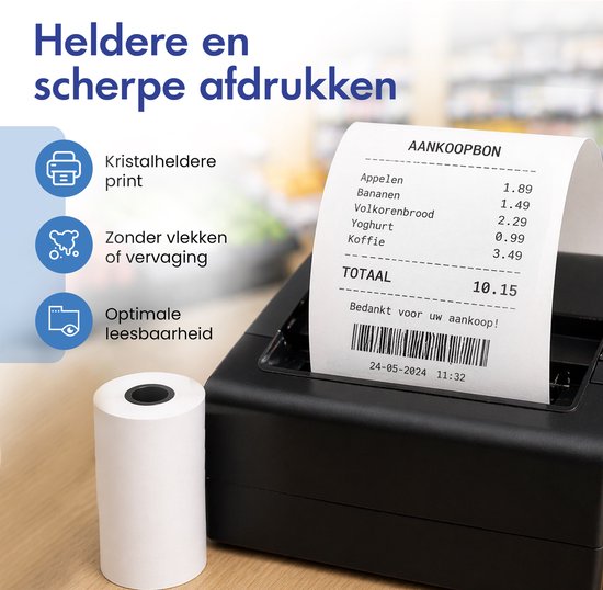 Een thermische rol en een gedrukte kassabon met duidelijke tekst en prijsdetails.