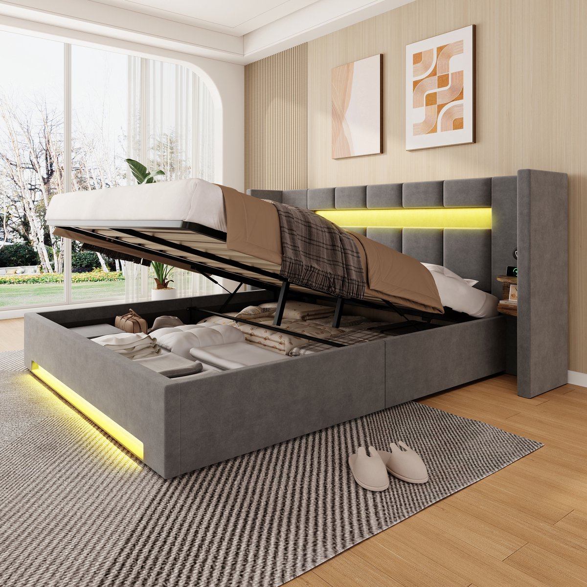 REDOM Bedframe Met Breed Hoofdbord, USB, Opbergvakken En LED-Verlichting - Hydraulische Opbergruimte - Fluweel - Donkergrijs - 160 x 200 cm