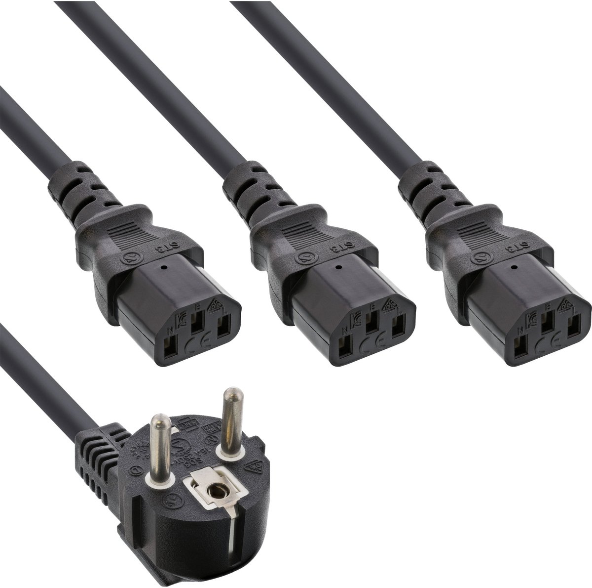3x C13 - CEE 7/7 (haaks) Y-stroomkabel - 2m + 1x 1m, 1x 3m en 1x 2m - 3x 1,00mm / zwart - 5 meter
