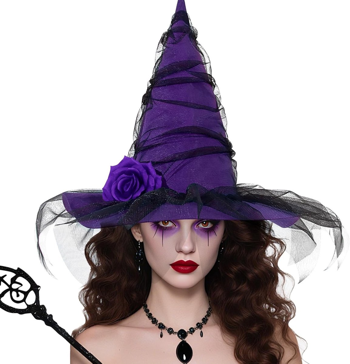 Sexy Heksenhoed voor Vrouwen met Voile en Rozen - Perfecte Accessoires voor Halloween Kostuum en Carnaval