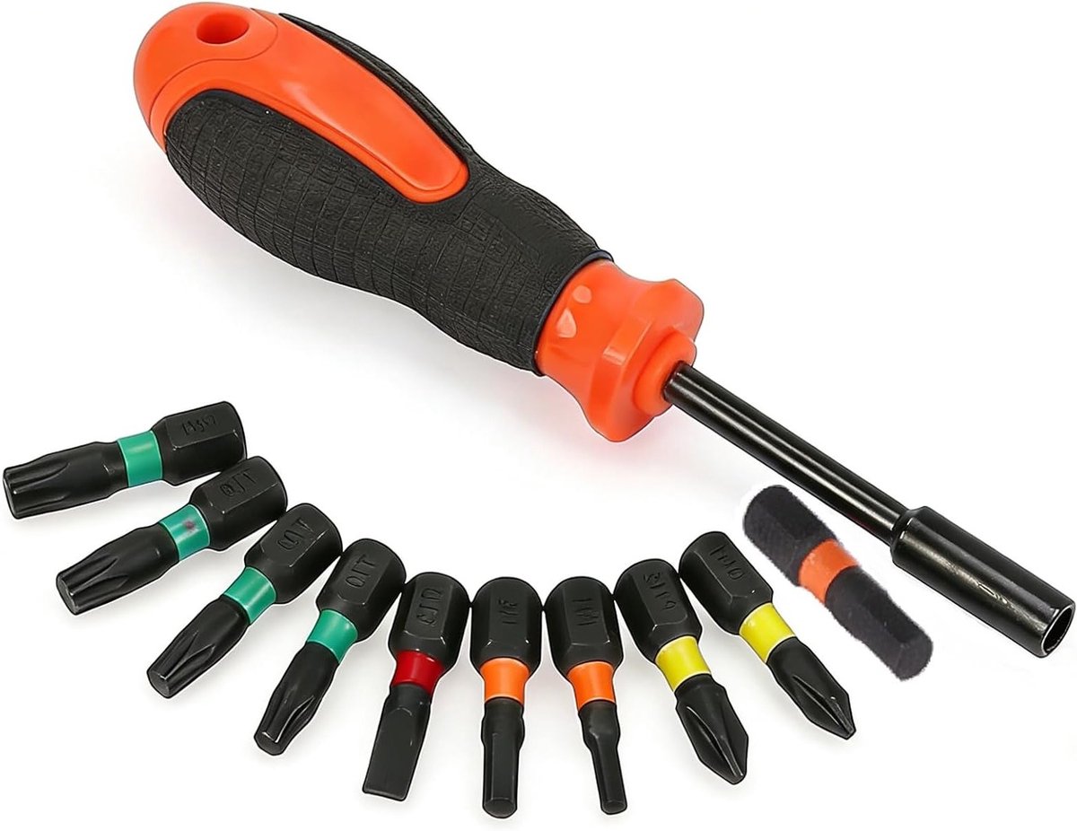 Multifunctionele 10-in-1 Ratelschroevendraaier met Hoge Hardheid voor Reparatie en Dagelijks Gebruik, Inclusief Diverse Bits zoals PH1, PH2, T15 en meer