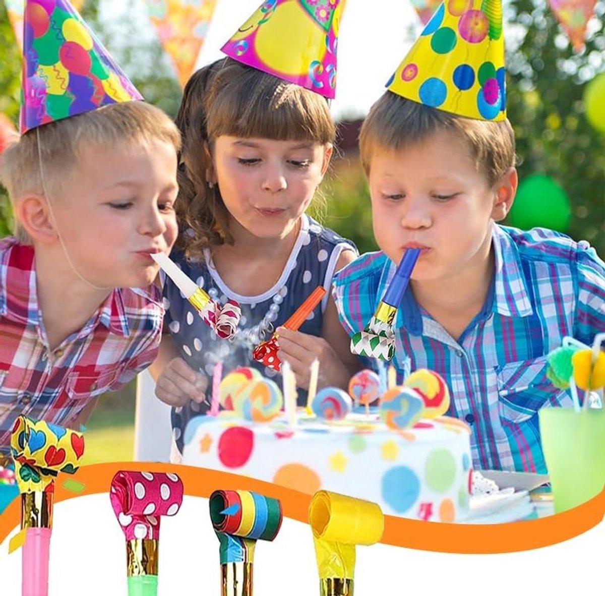 Set van 30 Feesttrompetten voor Kinderen, Plastic Fluitjes, Papieren Trompetten en Geluidmakers voor Verjaardagsfeesten en Feestjes
