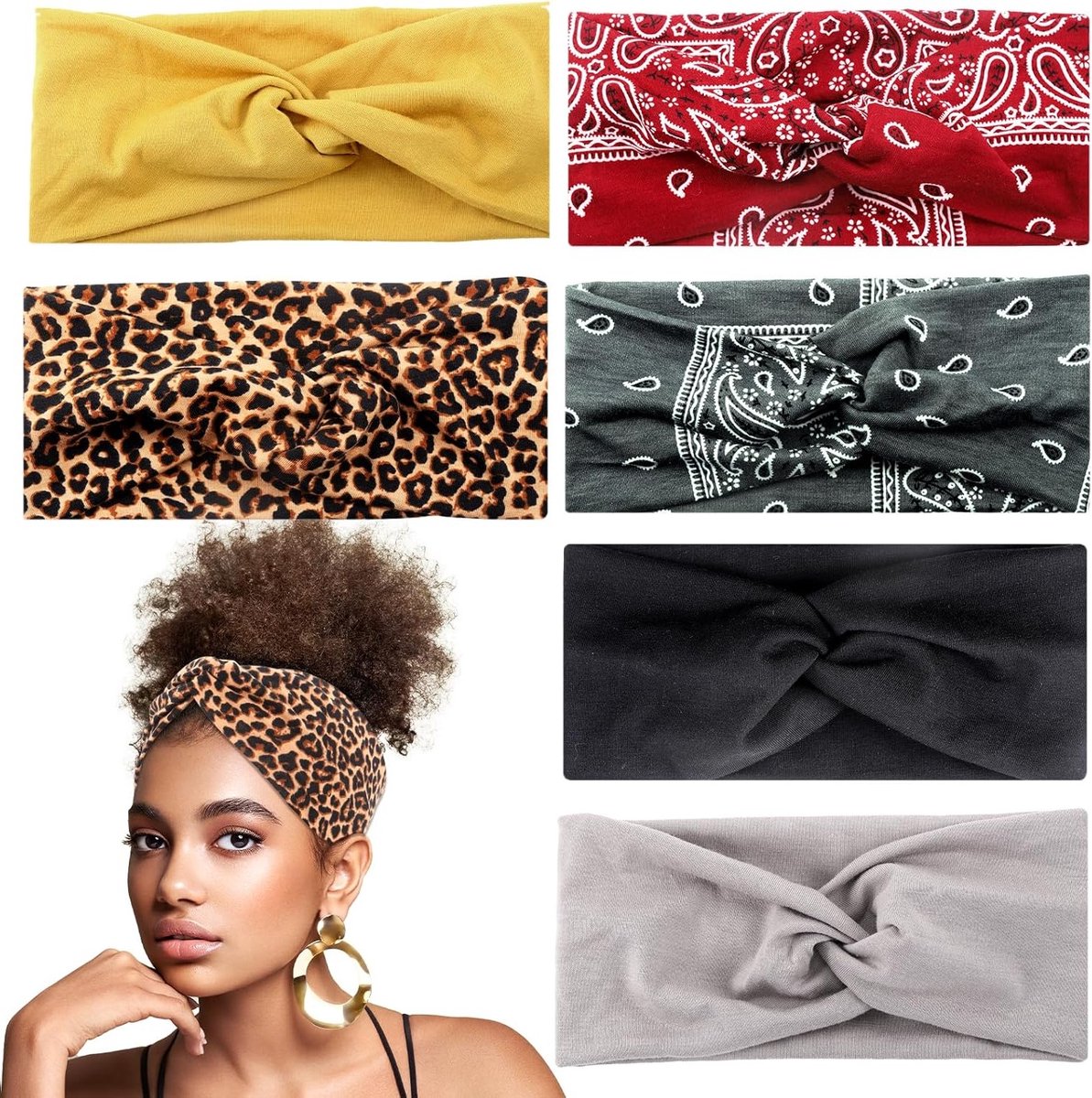 Stijlvolle Boho Haarbanden voor Dames, 6 Stuks, Brede Multicolor Knotted Haaraccessoires voor Yoga, Sport en Dagelijks Gebruik