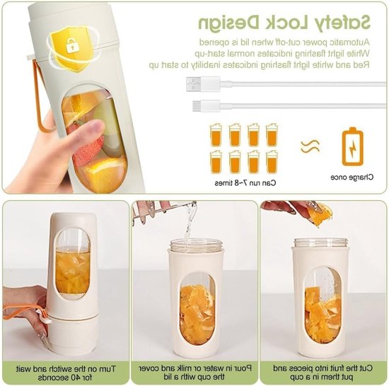 Krachtige Mini Smoothie Blender 450 ml - Draagbare Blender voor Smoothies, USB Oplaadbaar, Ideaal voor Thuis, Sport en Kantoor, BPA-vrij en Compact Ontwerp — afbeelding 4