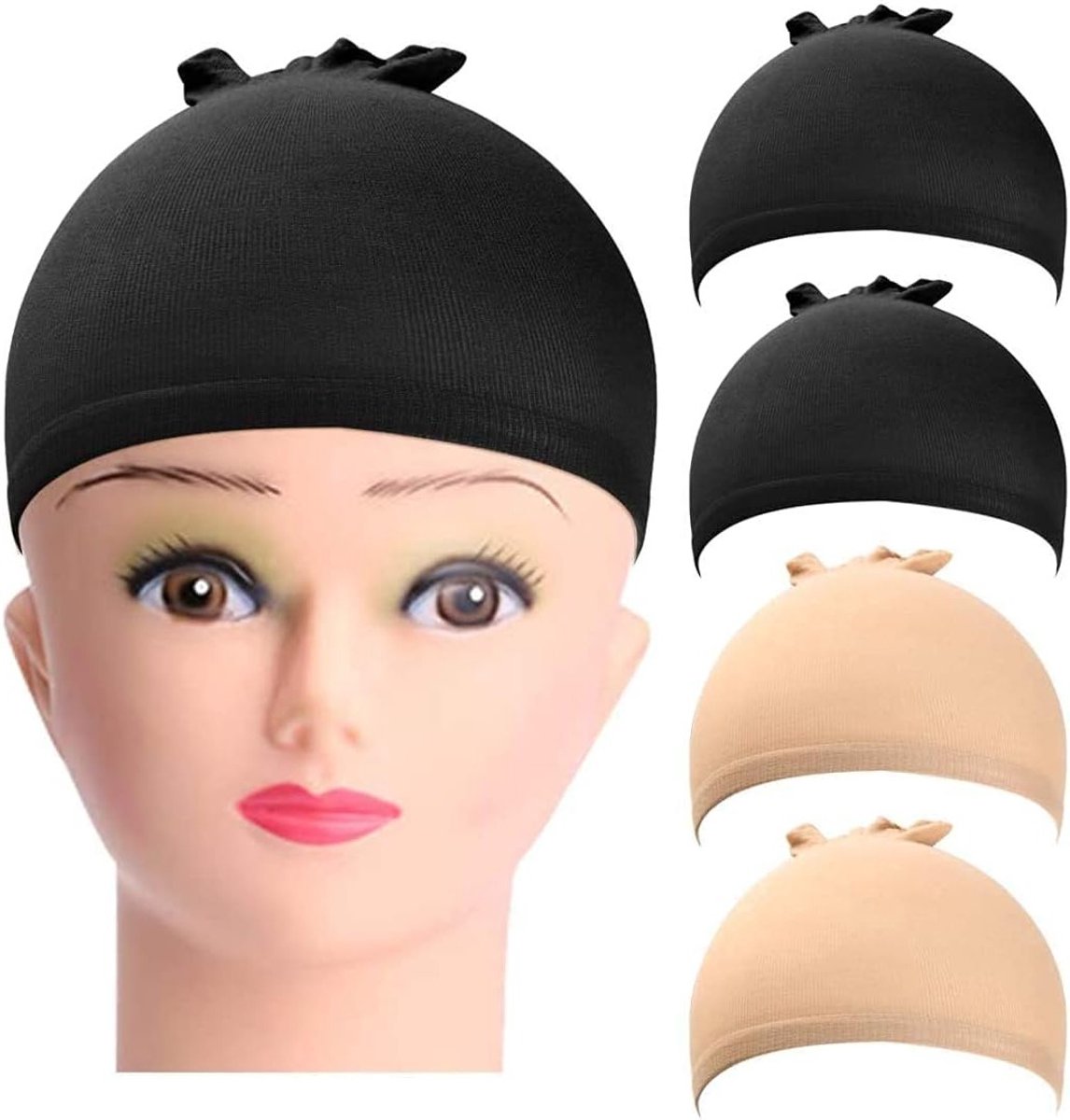 Wig Caps voor Haar – Nylon Haarnet in Zwart en Neutraal Beige, Rekbare Mesh Hoofdbedekking (4 Stuks)