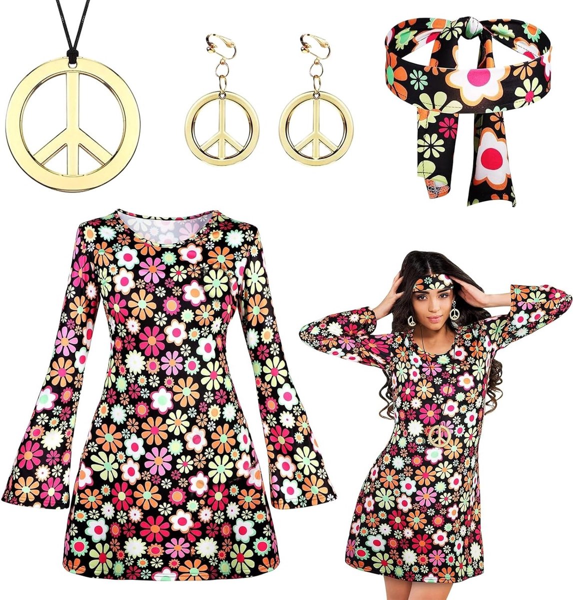 Hippie Kostuum voor Vrouwen uit de Jaren 60 en 70 met Accessoires zoals Ketting en Oorbellen voor Carnaval en Feestjes