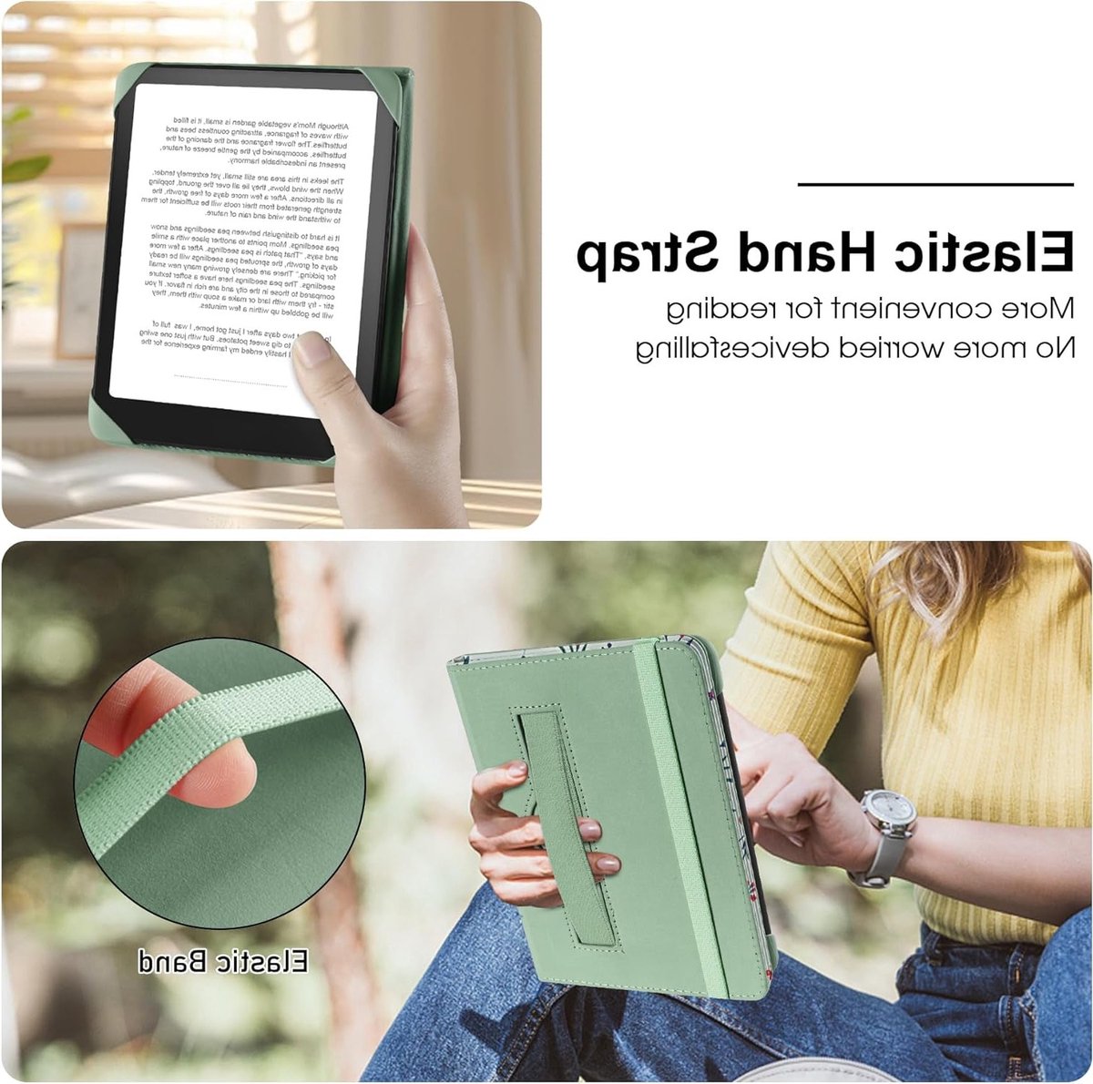 Universele E-Book Reader Hoes voor 6 Inch Pocketbook, Tolino en Sony - Beschermende Cover met Elastische Band en Witte Bloemen, Geschikt voor Kindle Paperwhite en Kobo Clara HD – foto 6