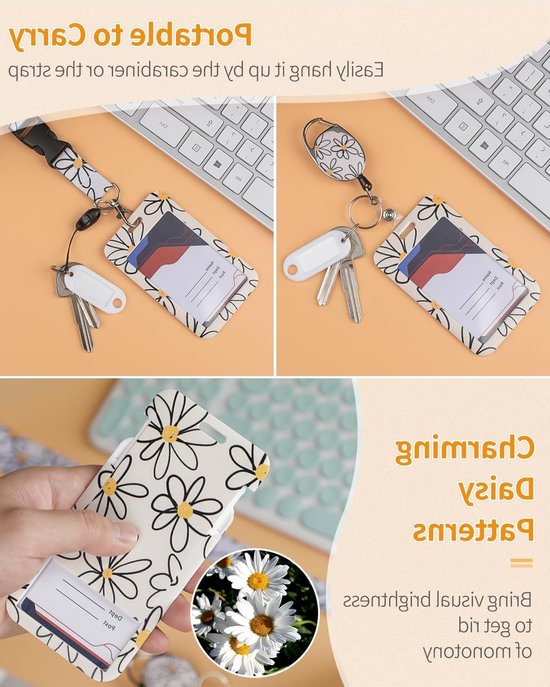 2 Stuks Bloem Motief Badgehouder met Retractable Reel, Carabiner Clip en Afneembare Lanyard - Ideaal voor Vrouwen, Bescherming van Identiteitskaarten en Werkbadge — afbeelding 2
