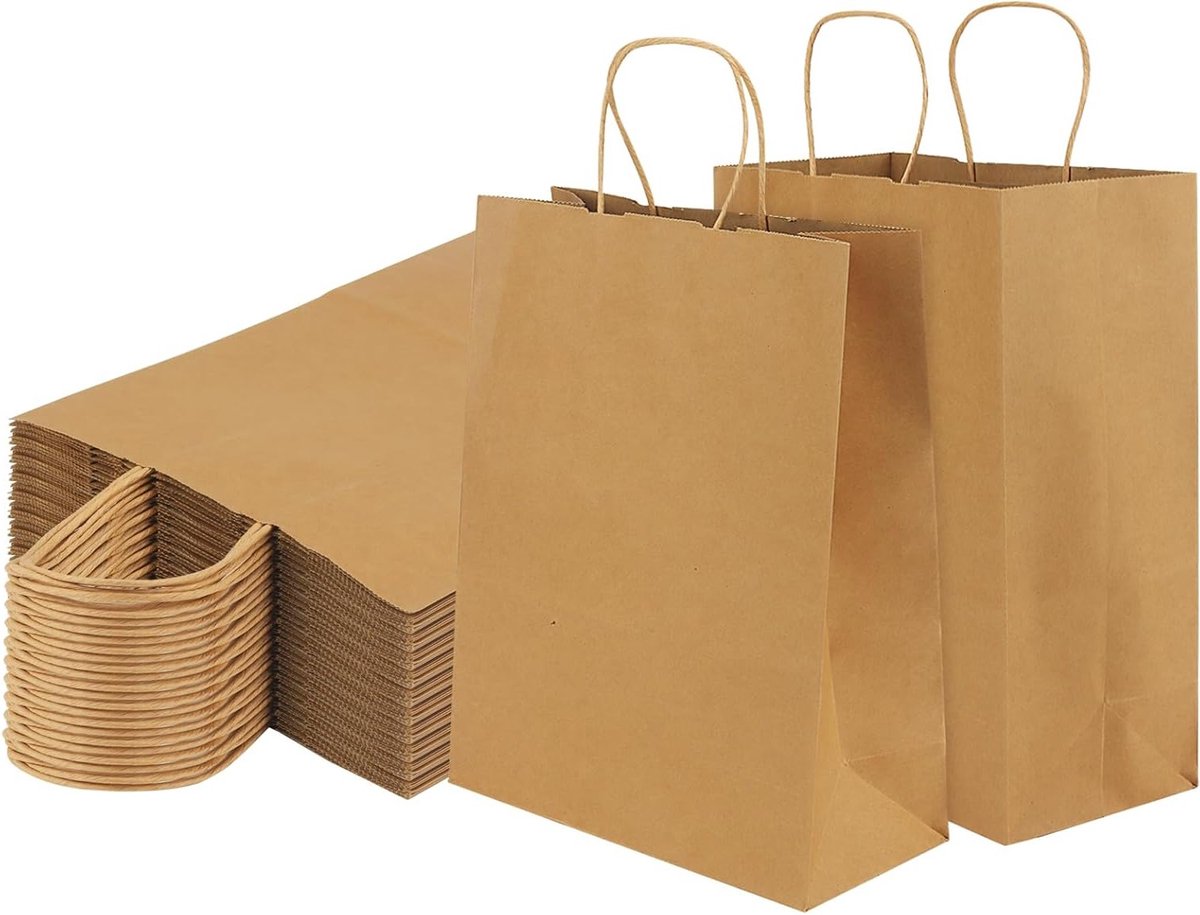 Grote Bruine Papieren Tassen met Handvat - 50 Stuks voor DIY, Winkelen en Verjaardagen, 26 x 12 x 33 cm