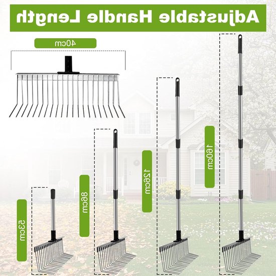 Verstelbare Bladhark 53-160 cm met 21 Tanden, Ergonomische Lange Handgreep voor Bladeren, Gras en Dennennaalden in de Tuin van Merkloos	 — afbeelding 5