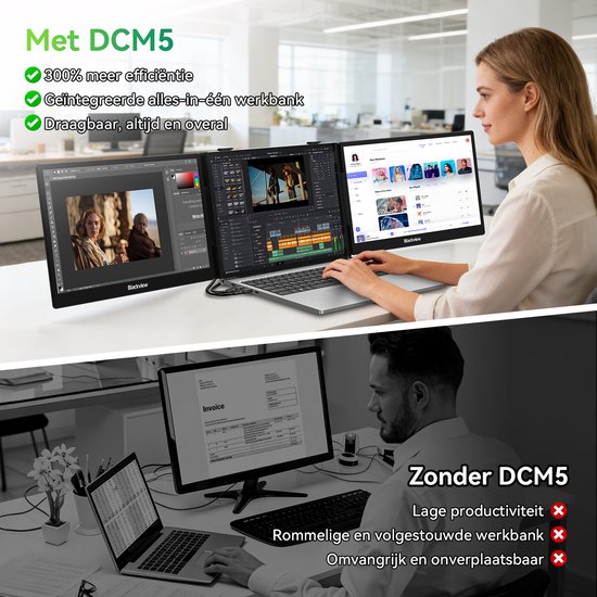 Vrouwen gebruiken draagbare monitoren voor werk en entertainment, en tonen de voordelen van DCM5 ten opzichte van traditionele bureaus.