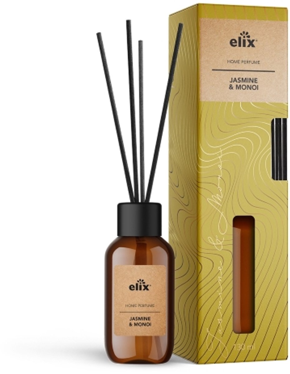 Elix - Geurstokjes Diffuser - Luchtverfrisser - Interieur Parfum - Reed Diffuser - Luxe Huisgeur 45 Dagen - Elegante Woonkamer, Slaapkamer & Kantoor Geur - 125ml - Jasmine & Monoi