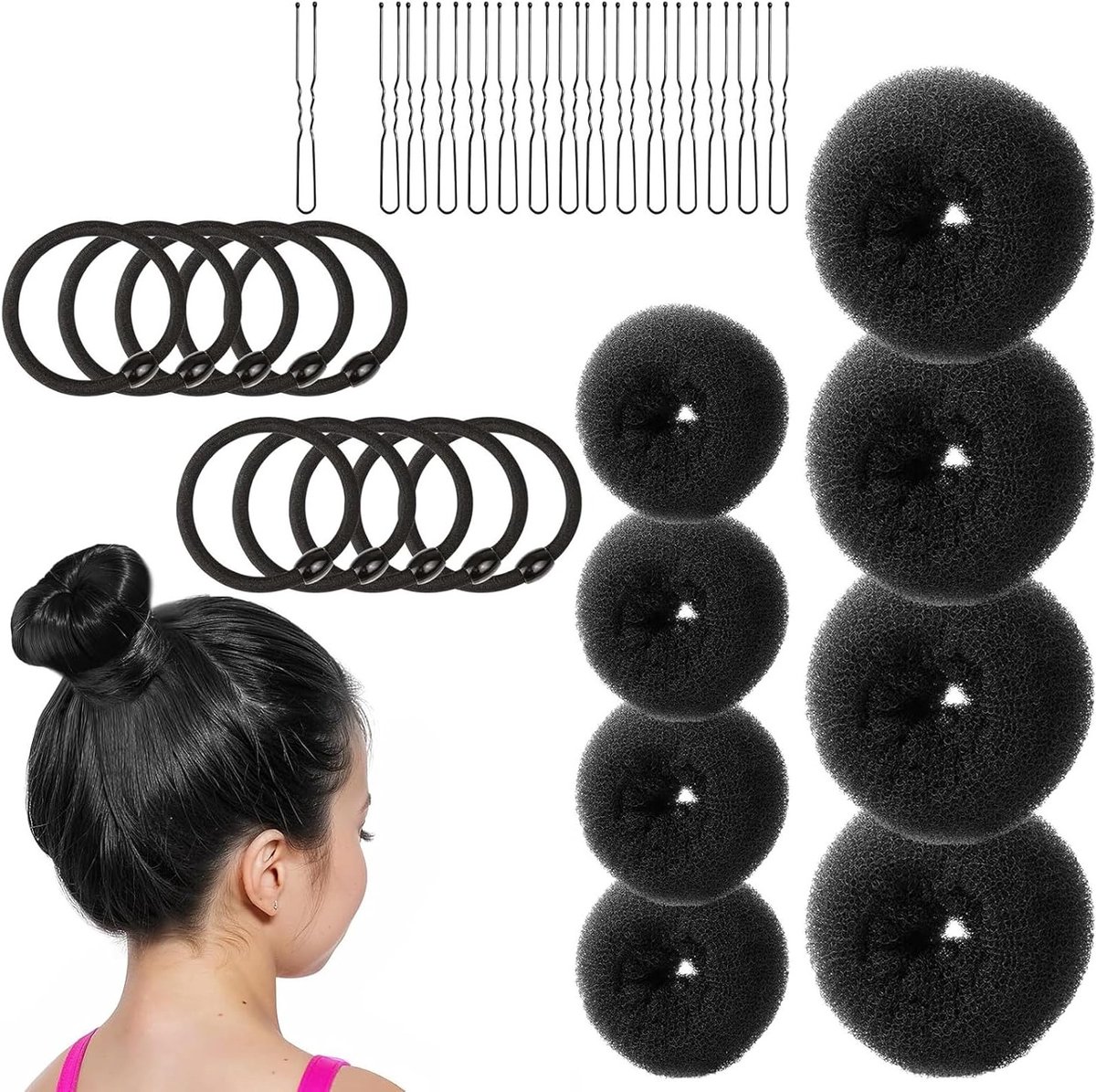 33-delige Donut Haar Bun Set met U-vormige Haarklemmen voor Haarstyling en Accessoires voor Vrouwen en Meisjes (Zwart)
