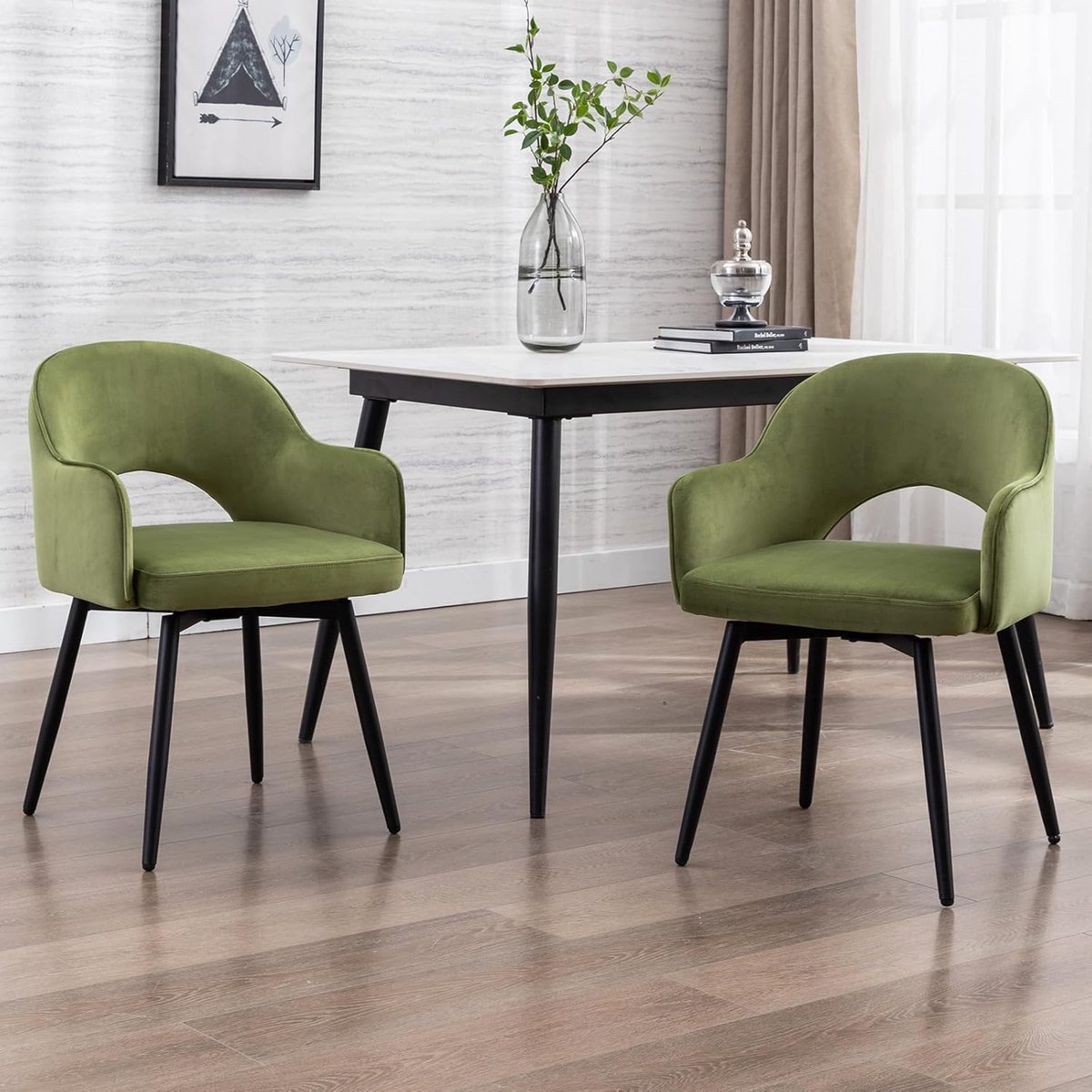 Draaibare Eetkamerstoelen Set van 2 – Luxe Fluwelen Stoelen met Armleuningen – 360° Draaibaar – Ergonomisch Design – Groen – 53 x 57 x 78 cm – Laura