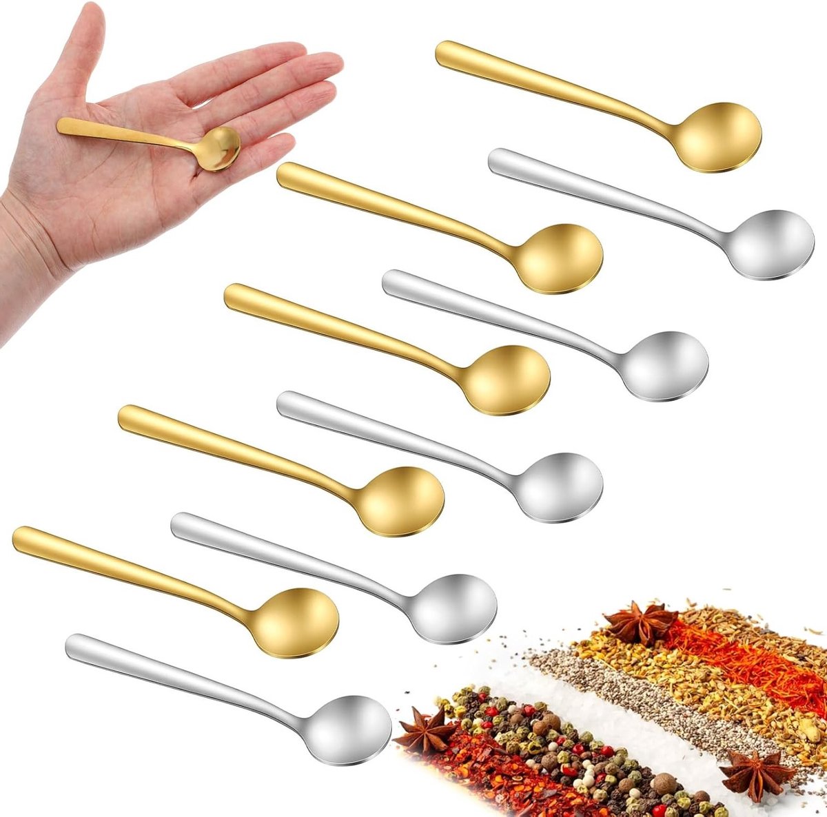 Set van 10 kleine lepelletjes voor kruiden - Mini roestvrijstalen lepel van 3,5 inch voor zout, suiker en specerijen in potjes - Ideaal voor koffiepoeder, desserts en kaviaar