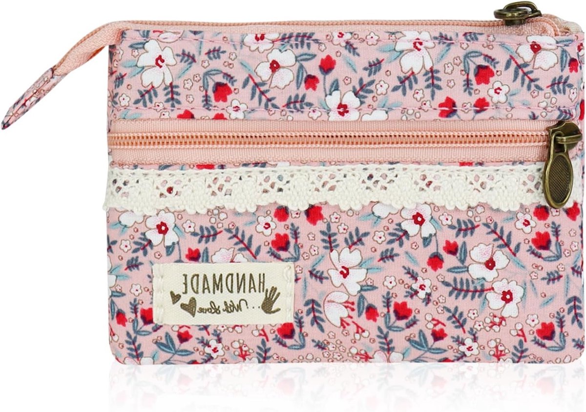 Vrouwelijke mini muntenportemonnee met 2 ritszakken, bloemenpatroon, katoen, voor kleingeld en munten, roze, trendy en praktisch
