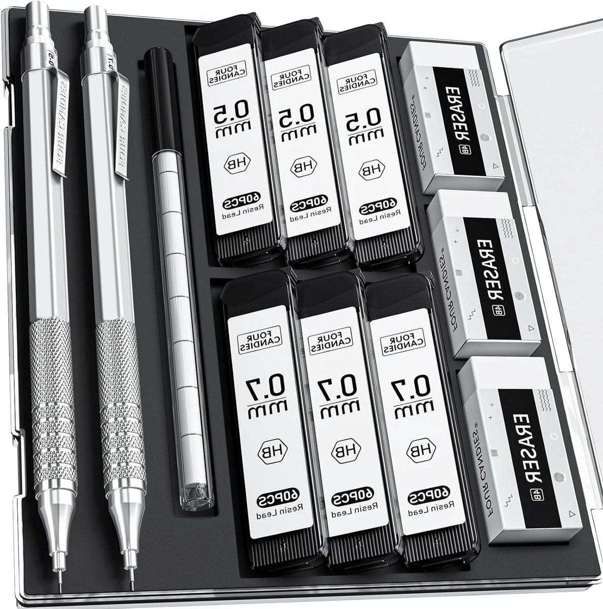 Set van 2 Mechanische Potloden met 0.5mm en 0.7mm, Inclusief Potloodetui, 360 HB Navullingen en 9 Witte Gum voor Kunst en Schrijven