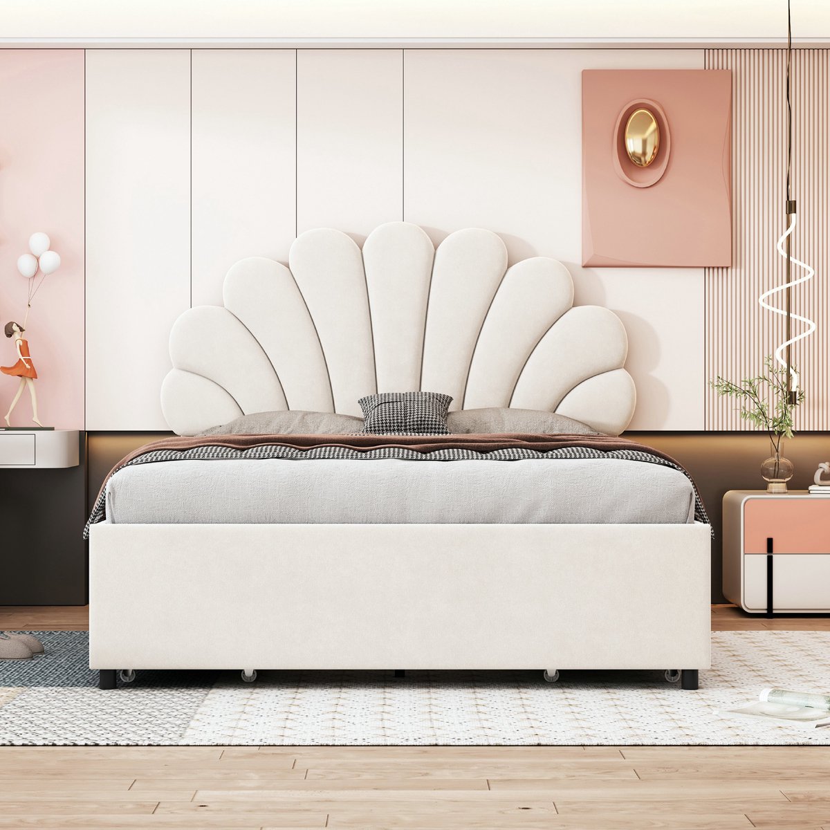 VVBV Gestoffeerd bed 140x200 / Tweepersoonsbed 140x200 – met Lades, Lattenbodem – Hoofdbord – Tienerbed – Fluweel – Beige – Tienerbed 140x200