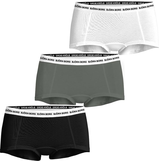 Drie Björn Borg boxershorts: wit, grijs en zwart, met logo-band.
