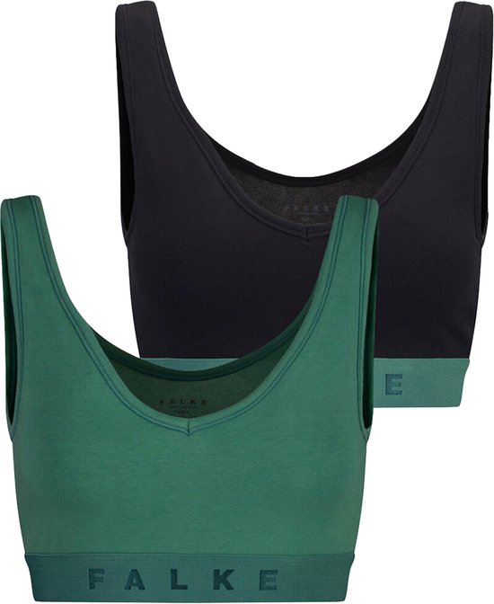 Set van twee groene en zwarte FALKE beha's met FALKE logo op de band.