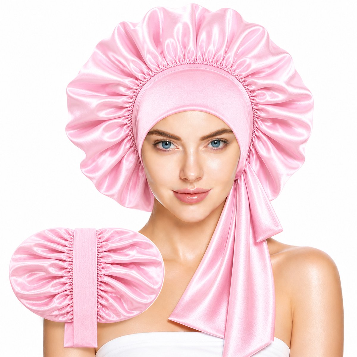 Xaria Satijnen Slaapmuts – Dubbelzijdig Satijn Binnen & Buiten – Verstelbare Bonnet met Lange Lussen – Tegen Pluis & Haarbreuk – Lichtroze