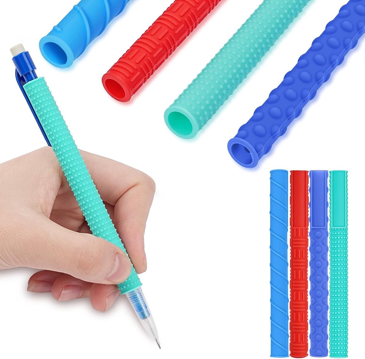4 Stuks Getextureerde Siliconen Potloodgrepen voor Kinderen en Volwassenen, Sensorisch Friemelspeelgoed voor Stressverlichting en Verbeterde Grip, Meerkleurige Schrijfhulpmiddelen