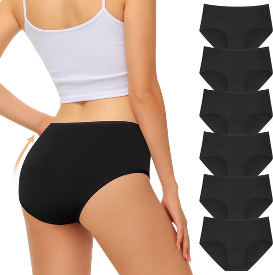 Lot de 6 culottes pour femmes - Slips en pur coton - Modèle taille haute, correcteur de ventre et rehausseur de hanches - Respirant et élastique - Noir (M)