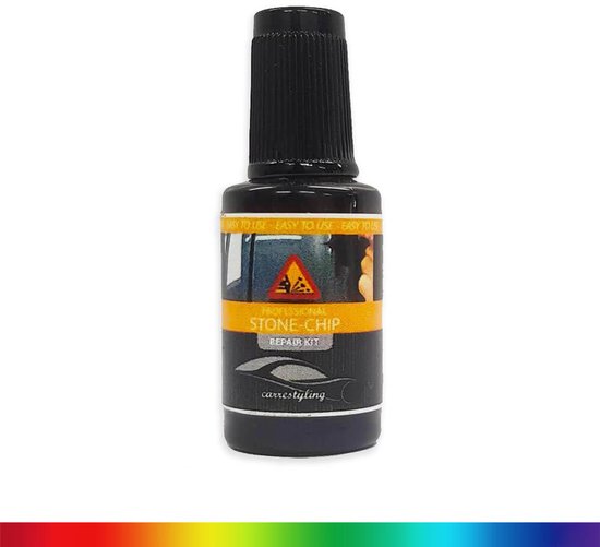 Flesje steenslagreparatieset met oranje en witte etiketten, met tekst 'STONE-CHIP REPAIR KIT'.