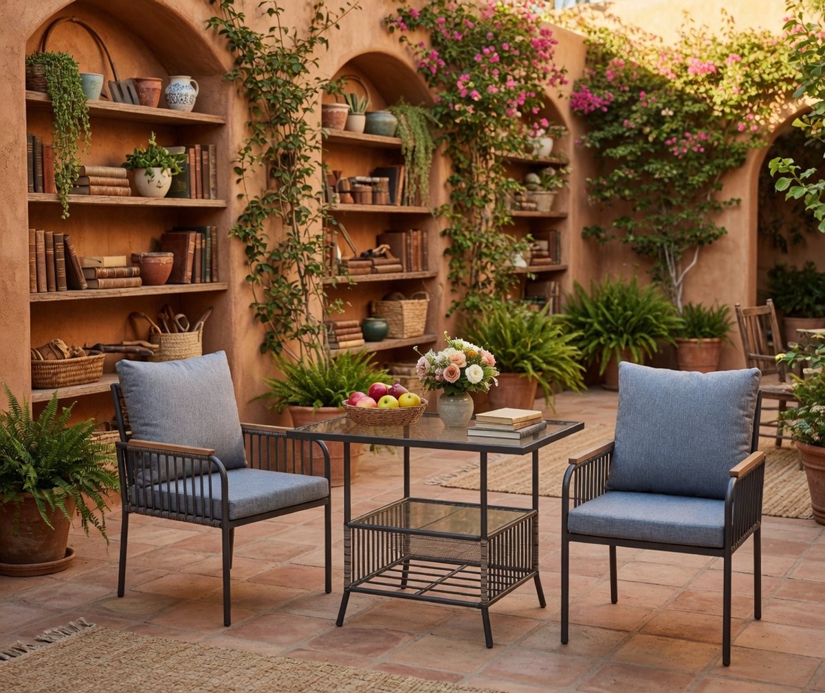 Ruimtebesparende Balkonset 3-Delig Rotan | 2 Opbergbare Stoelen + Rechthoekige Tafel + Kussens | Compacte Tuinmeubelset voor Klein Balkon & Terras | Outdoor Loungeset voor 2 Personen | Grijs - Industrohome