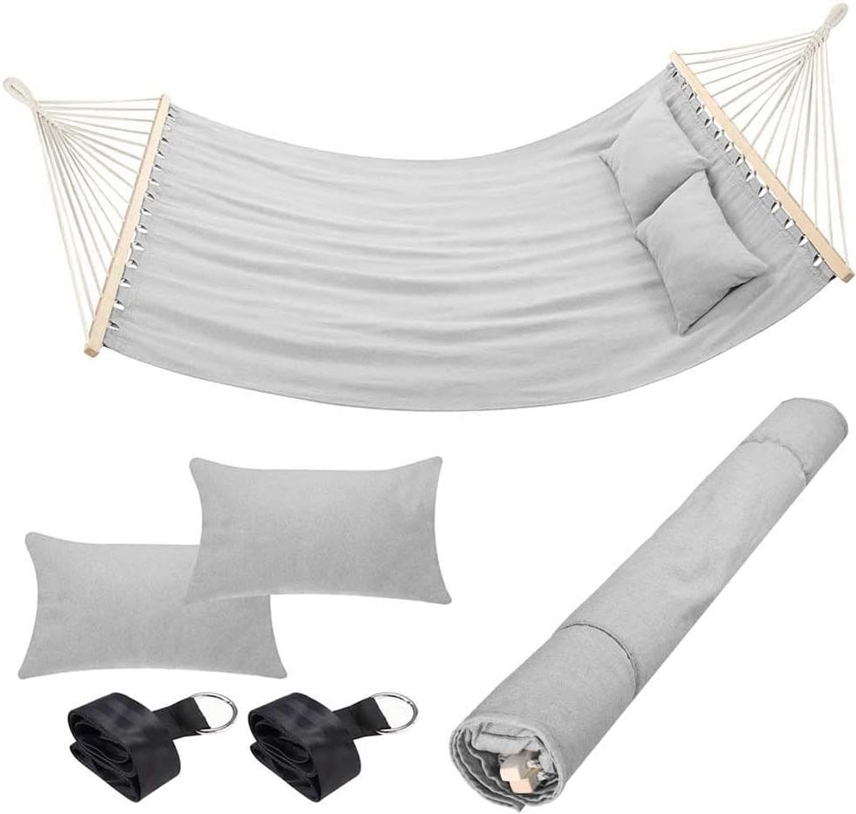 Hangmat Tweepersoons - Tuin Hangmat Katoen - Ontspannen Buiten - Inclusief 2 Kussens - 232 x 148 cm - Lichtgrijs