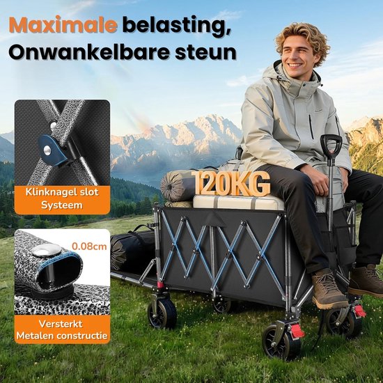 Bolderkar - opvouwbare bolderkar - strandwagen - bolderkar camping - bolderkar 160 liter - bolderkar 120 kg - bolderkar met parkeerrem - 4-weg opvouwbaar - in hoogte verstelbare bolderkar - tuinwagen - boodschappenwagen van Merkloos — afbeelding 3