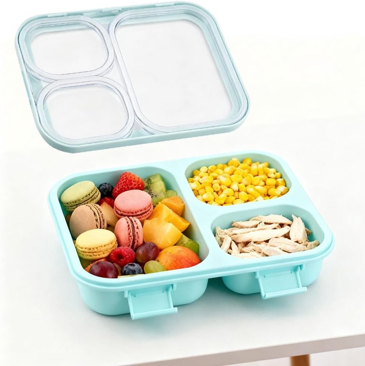 VHV - Broodtrommel - Lunchbox - Broodtrommel kinderen - Lunchbox volwassenen - 850 ml - Met 3 compartimenten - Plastic lunchbox voor kinderen en volwassenen - Lekvrije lunchbox met bestek - Maaltijdbox voor school - Picknicks en werk - Blauw