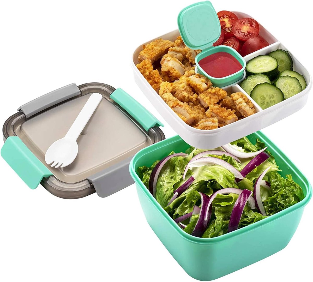 VHV - Broodtrommel - Lunchbox - Broodtrommel kinderen - Lunchbox volwassenen - Saladebox met verdeeld compartiment - 1100 ml - Voor volwassenen en kinderen -Magnetronbestendige - Voor school - Werk - Picknick - Reizen - Groen