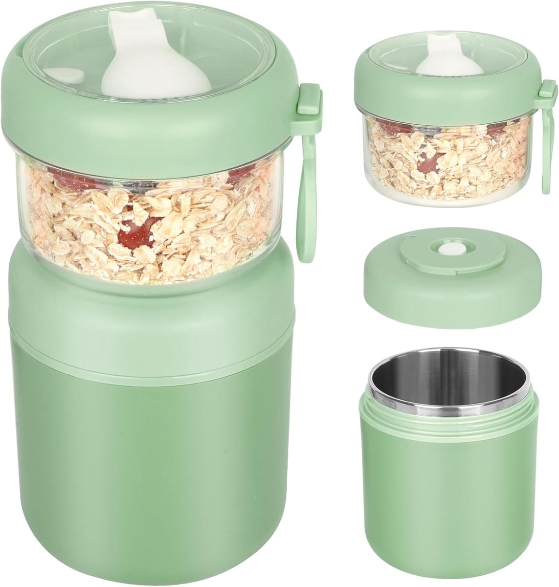 VHV - Yoghurt beker - Yoghurt beker to go - Broodtrommel - Lunchbox - Brooddoos - Ontbijtbox - Mueslibox - Grote roestvrijstalen meeneem-mueslibak - 530 ml + 330 ml - Draagbare lekvrije mueslibak - Groen