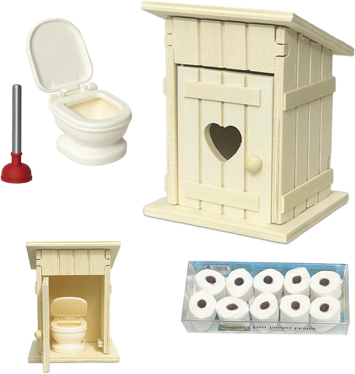 Miniatuur Toilethuisjes Set - Poppenhuis Toilet Accessoires - Poppenhuis Inrichten - Realistisch Gedetailleerd Design - Schaal 1:12 - Natuurlijk Hout