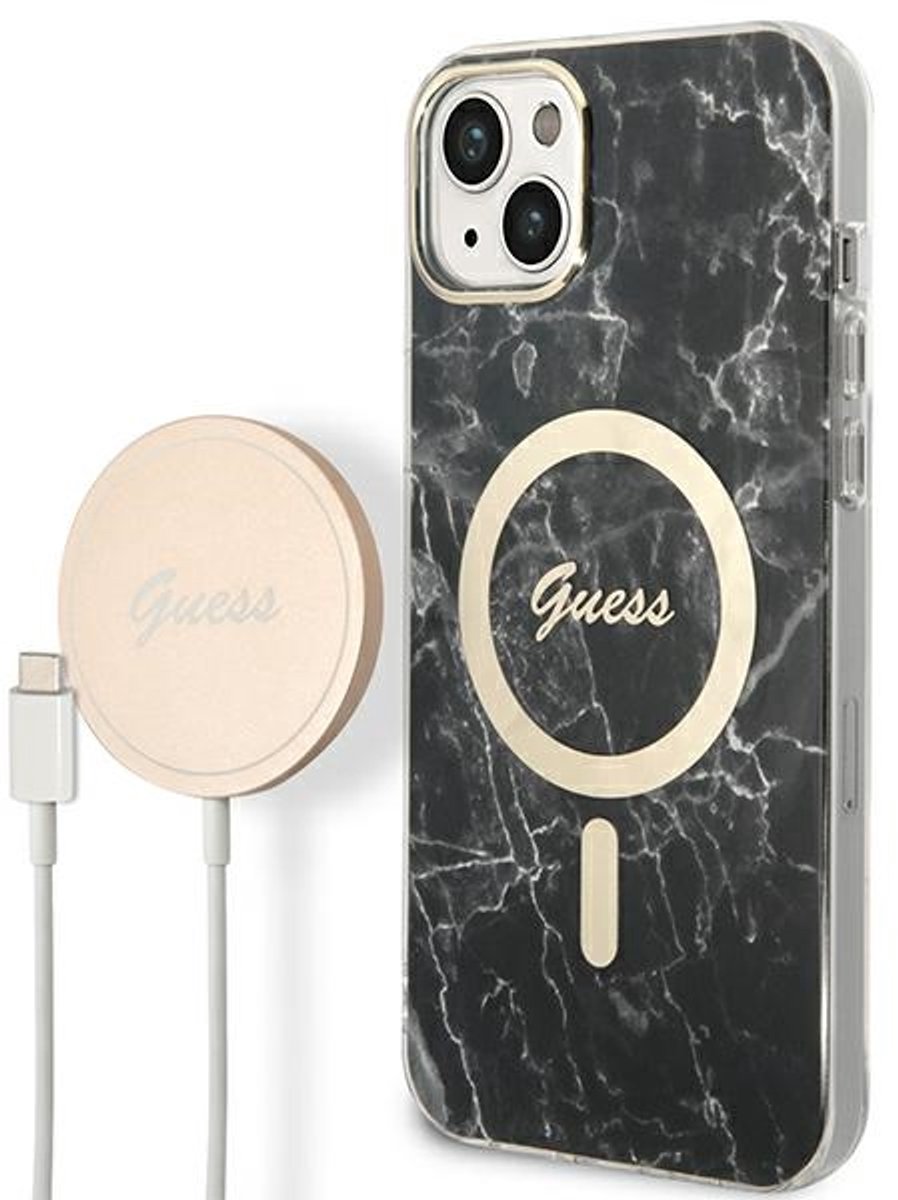 Guess - set - MagSafe oplader + hoesje voor iPhone - 14 - Plus - 6.7 - zwart - Marmer - (GUBPP14MHMEACSK)