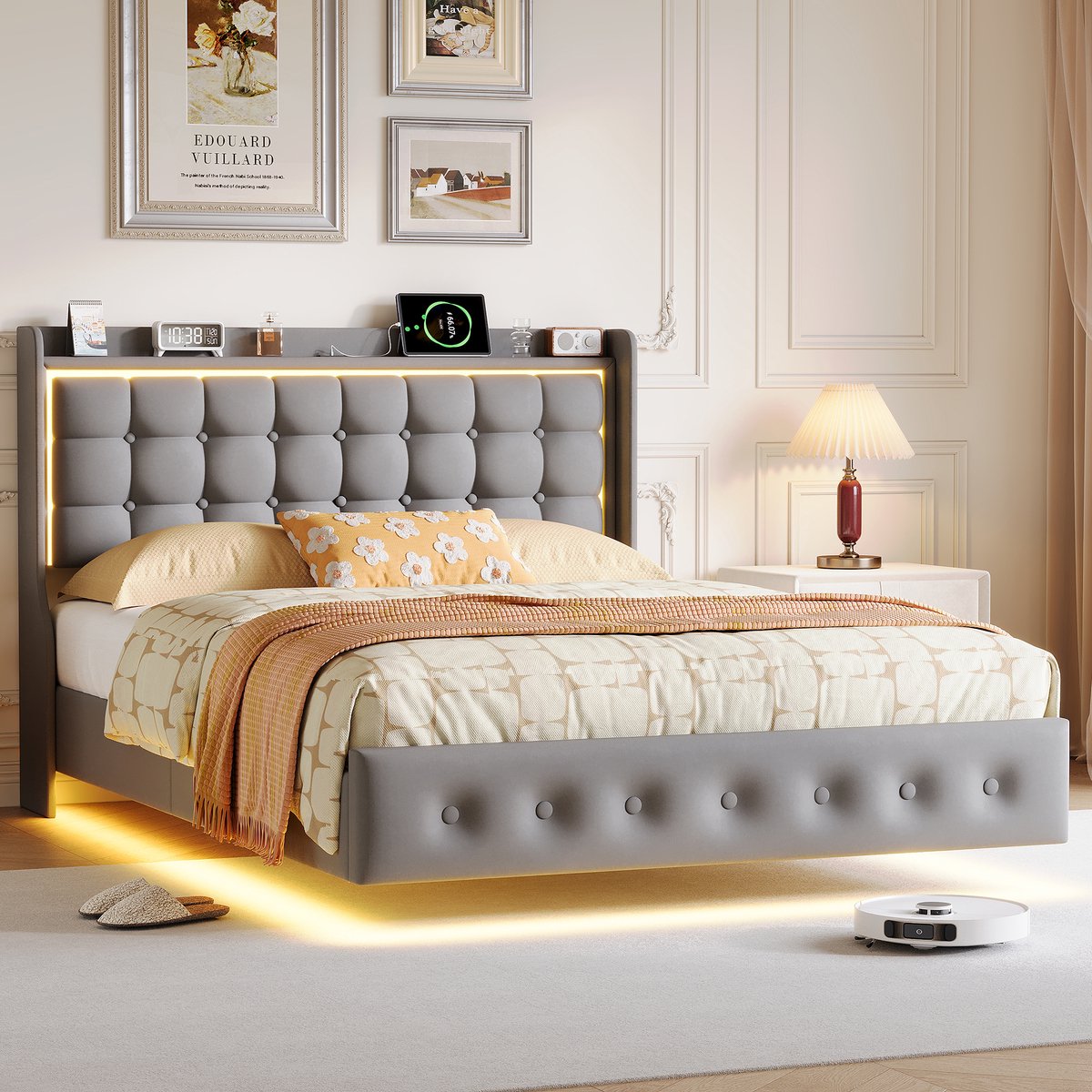Gestoffeerd bed 160x200cm met ledverlichting en usb-oplaadpoort, gewatteerd hoofdbord en lattenbodem, zwevend visueel effect, fluweel, donkergrijs, exclusief matras