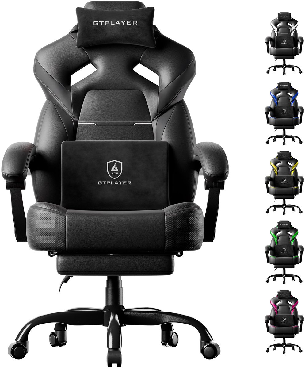 GTPLAYER - GamingStoel - 200kg met Voetensteun en Lenden Hoofdkussen - Zwart