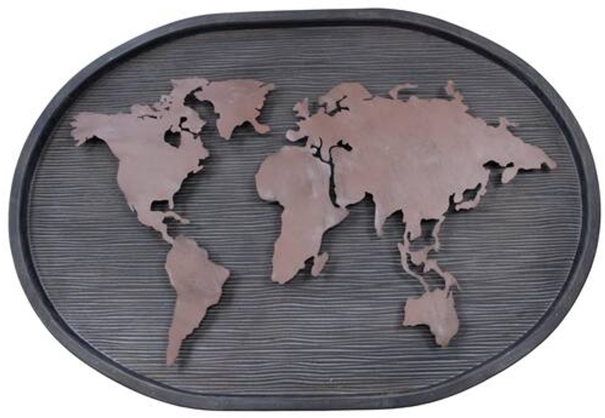 Ovale wereldkaart wanddecoratie van hout en metaal zwart - 118x4x77 cm | Cozy Ibiza