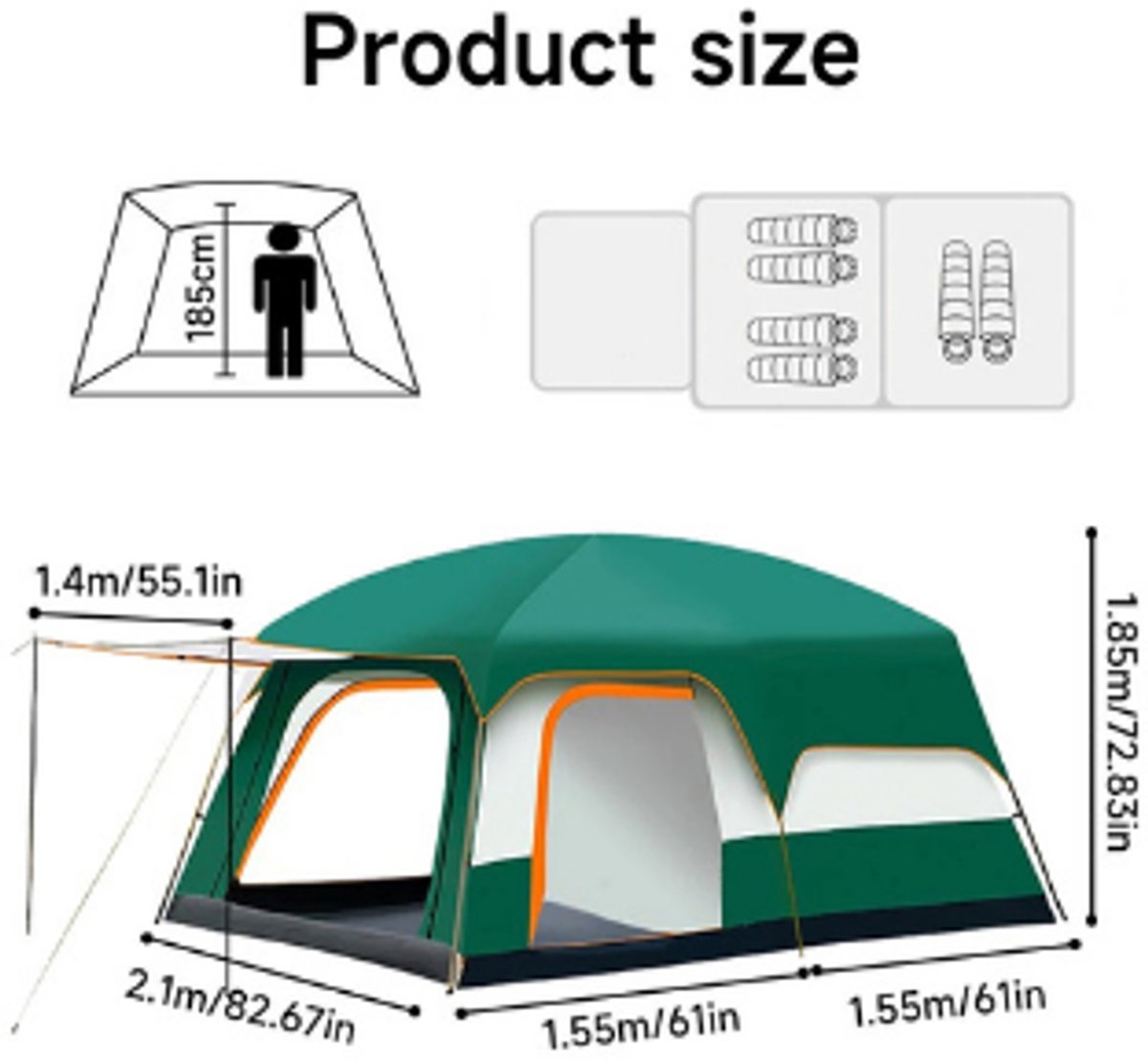 Tent-Camping tent-Tunnelcampingtent voor 3-12 Personen -2 kamer kampeertent met slaapcabine- UV-bescherming- waterdicht- opvouwbaar-Groen. – foto 5