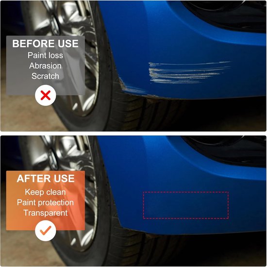 Boven: Blauwe auto met krassen op de lak. Onder: Dezelfde auto na gebruik van de beschermfolie, met een rood gestippeld vierkant dat de beschermde zone aangeeft.